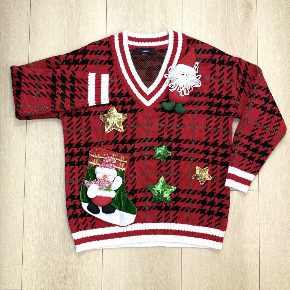 Forever 21 Ugly Christmas Sweater V Neck Plaid 3D Santa Stocking Sequin‎ Stars